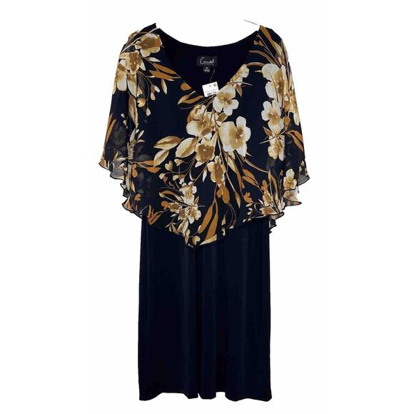 Connected Apparel Women’s Navy/Mustard Sheer Cape Overlay Sleeves Floral Sz 8P - Picture 1 of 6